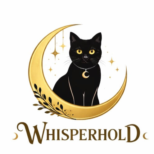 WhisperHold logo of black cat in a crescent moon with WhisperHold text underneath